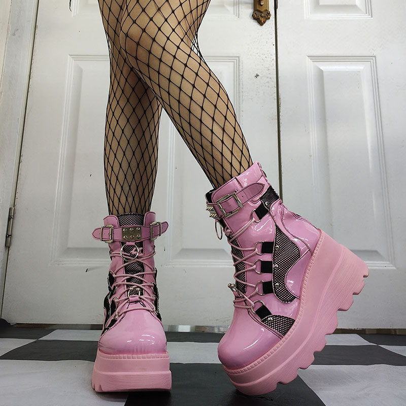 Womens Punk Lace-Up Platform Boots