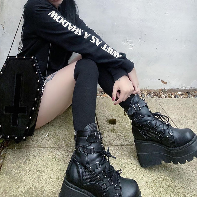 Womens Punk Lace-Up Platform Boots