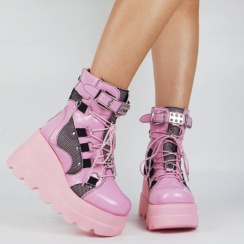 Womens Punk Lace-Up Platform Boots