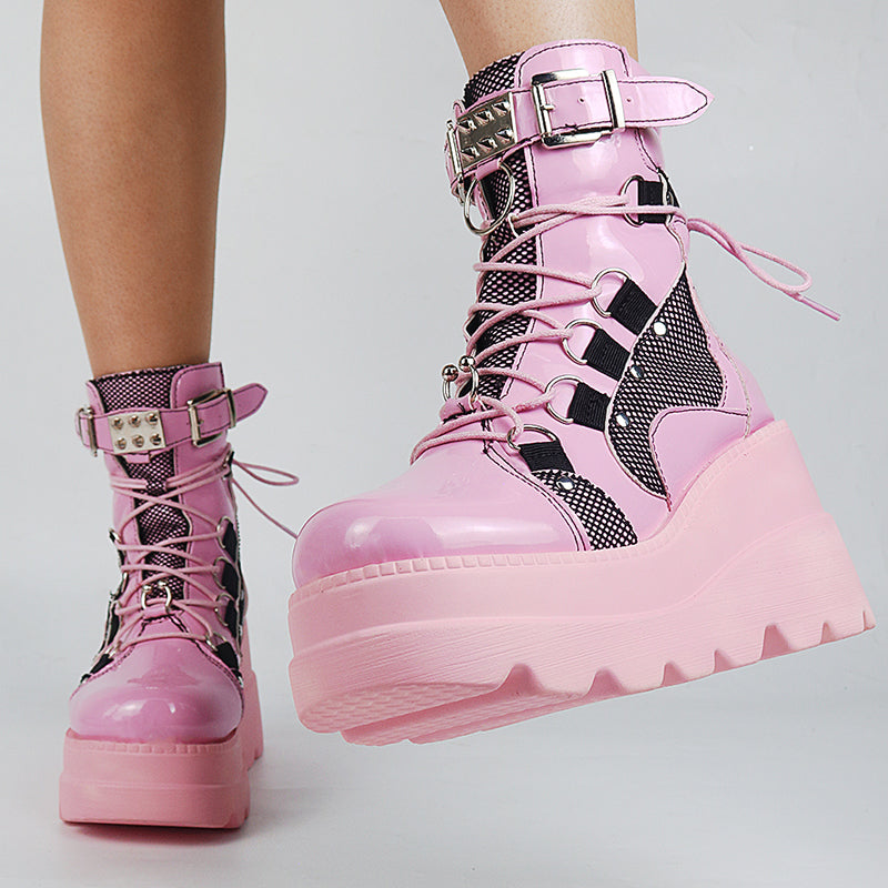 Womens Punk Lace-Up Platform Boots