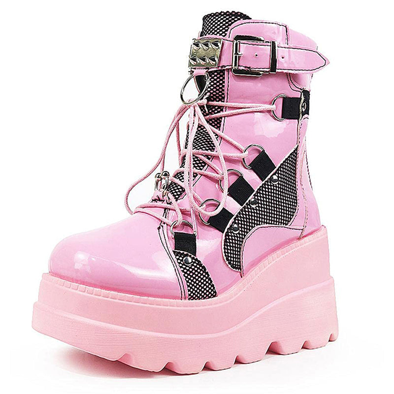 Womens Punk Lace-Up Platform Boots