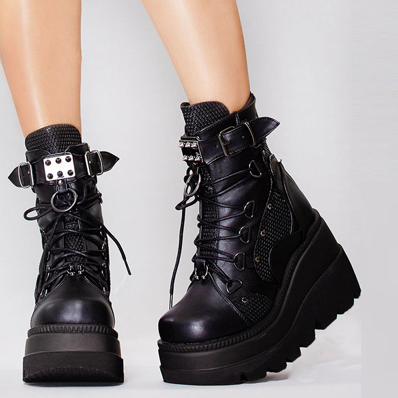 Womens Punk Lace-Up Platform Boots