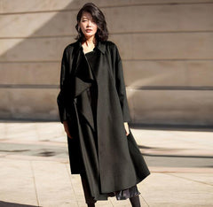 Black Flounced Water Ripples  Long Wool Coat Double Face Cashmere Coat