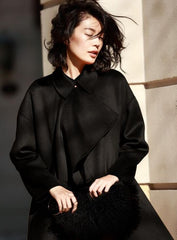 Black Flounced Water Ripples  Long Wool Coat Double Face Cashmere Coat