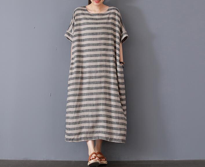 Stripe Cotton Linen Dresses Women Long Dresses Short Sleeve