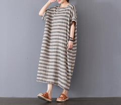 Stripe Cotton Linen Dresses Women Long Dresses Short Sleeve