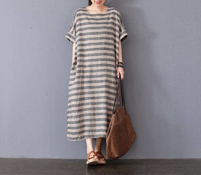 Stripe Cotton Linen Dresses Women Long Dresses Short Sleeve