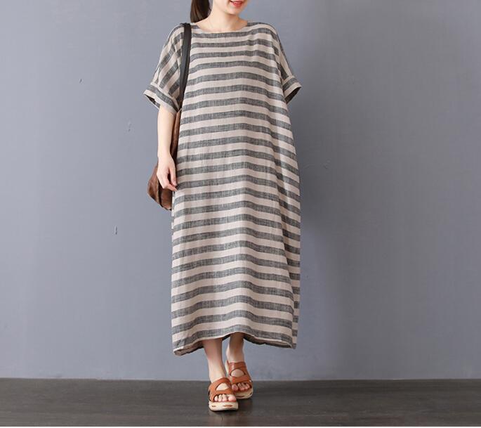 Stripe Cotton Linen Dresses Women Long Dresses Short Sleeve