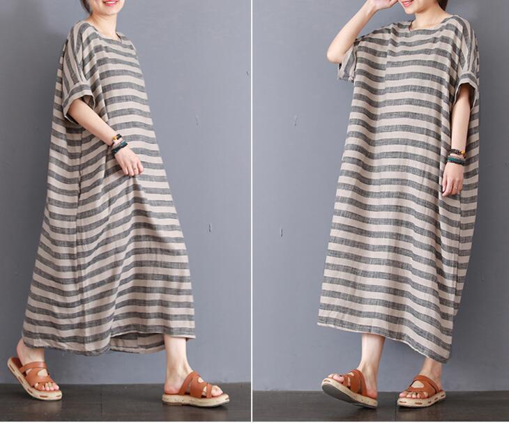 Stripe Cotton Linen Dresses Women Long Dresses Short Sleeve