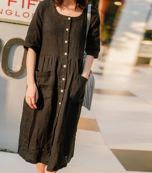 Black Shirts Linen Dress Buttons Midi Dresses CH90413