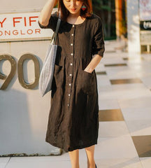 Black Shirts Linen Dress Buttons Midi Dresses CH90413