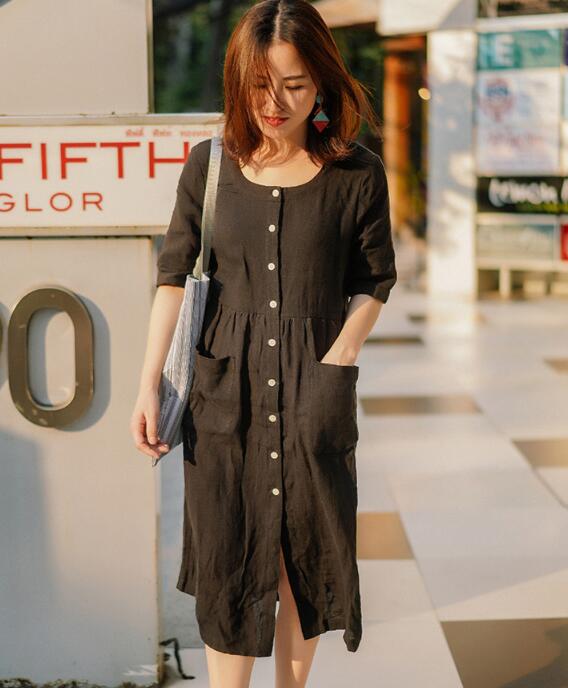 Black Shirts Linen Dress Buttons Midi Dresses CH90413