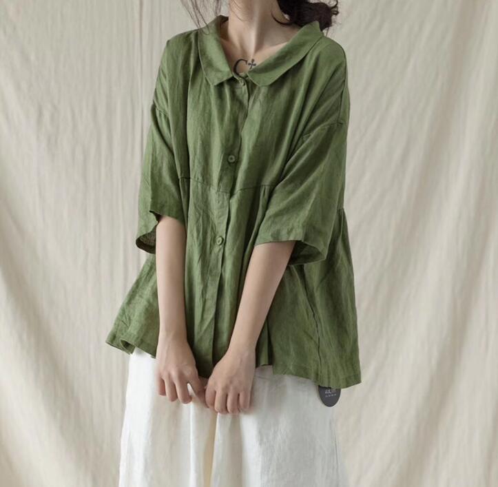 Women Linen Casual Summer Tops Women Blouse Loose Style Shirts H9505