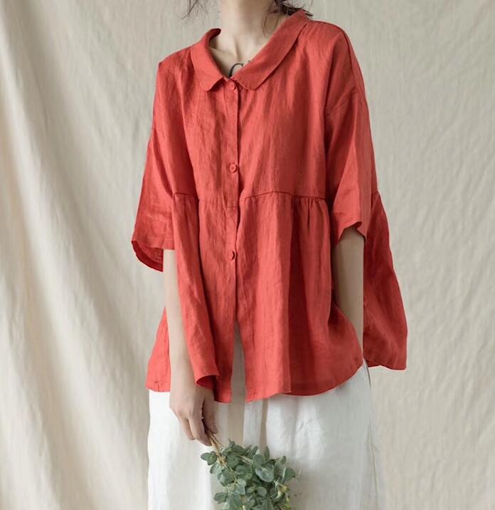 Women Linen Casual Summer Tops Women Blouse Loose Style Shirts H9505