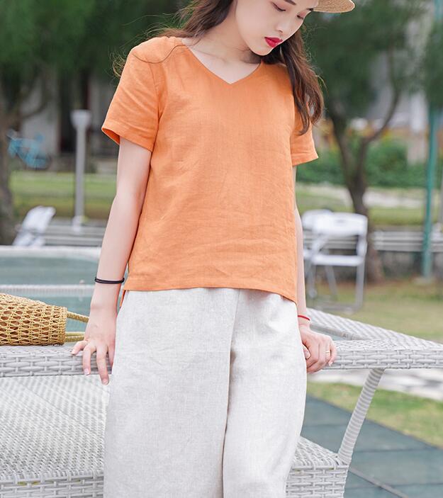 Orange Leinenbluse mit V-Ausschnitt, einfacher Stil, Sommeroberteile SMM9508