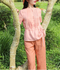 Pink Orange Linen Blouse Simple Style Shirts Summer Tops SMM9508