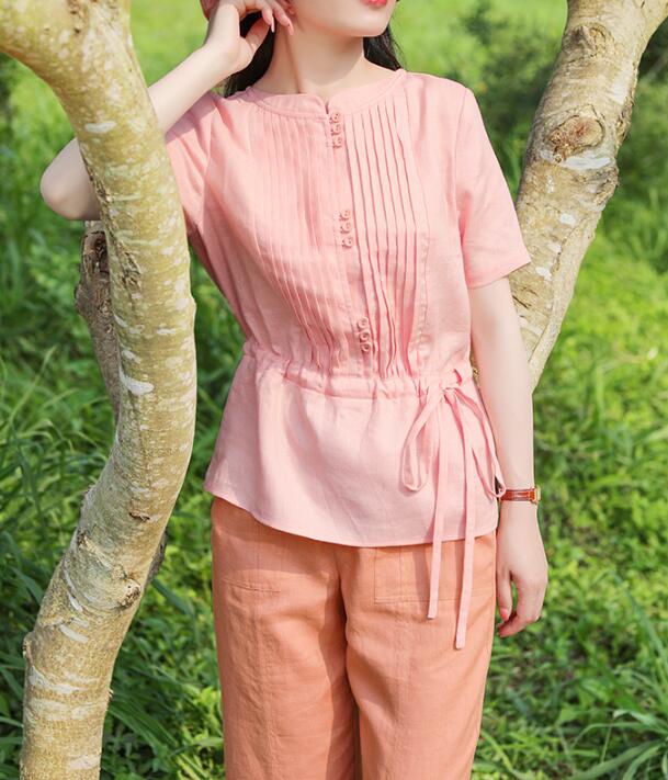 Pink Orange Linen Blouse Simple Style Shirts Summer Tops SMM9508