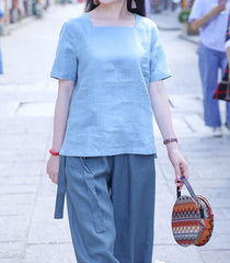 U Neck Linen Blouse Simple Style Shirts Summer Tops  SMM9508