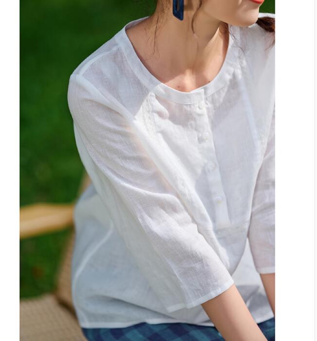 White Linen Tops Round Collar Women Linen Shirt Tops 6107