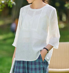 White Linen Tops Round Collar Women Linen Shirt Tops 6107