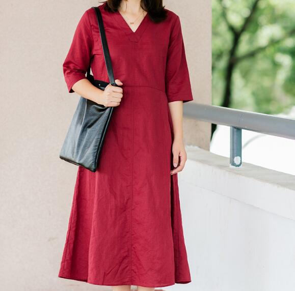 Red Soft Linen Women Dresses Half Sleeves Summer Women Dresses XH9998