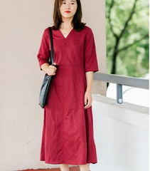 Red Soft Linen Women Dresses Half Sleeves Summer Women Dresses XH9998