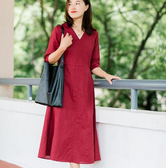 Red Soft Linen Women Dresses Half Sleeves Summer Women Dresses XH9998