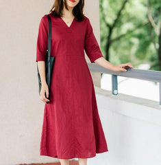 Red Soft Linen Women Dresses Half Sleeves Summer Women Dresses XH9998