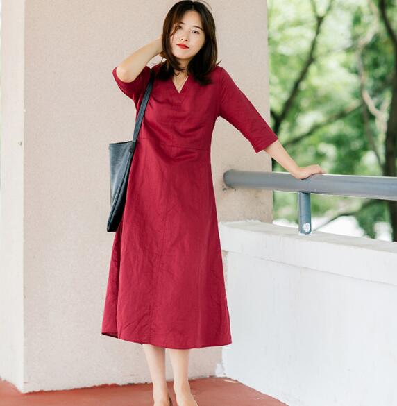 Red Soft Linen Women Dresses Half Sleeves Summer Women Dresses XH9998