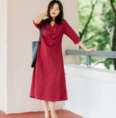 Red Soft Linen Women Dresses Half Sleeves Summer Women Dresses XH9998