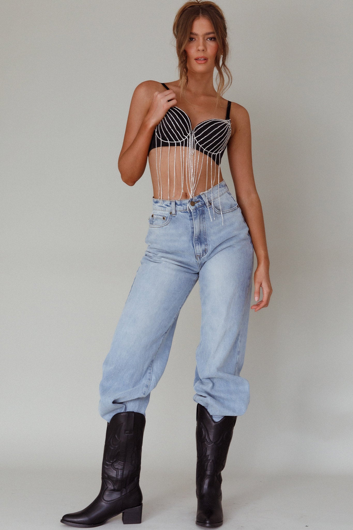 Showgirl Diamante Bra Crop Top Black