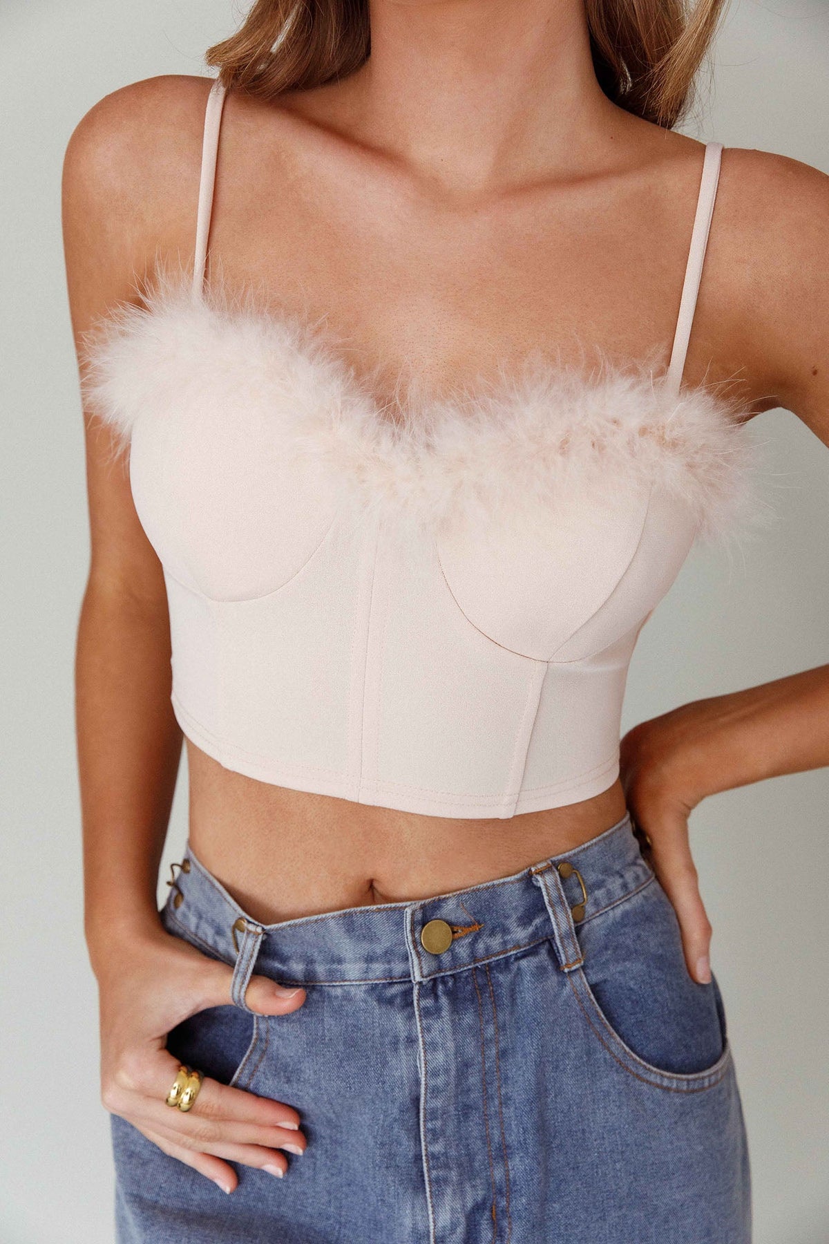 Jovi Feather-Trim Crop Top Nude