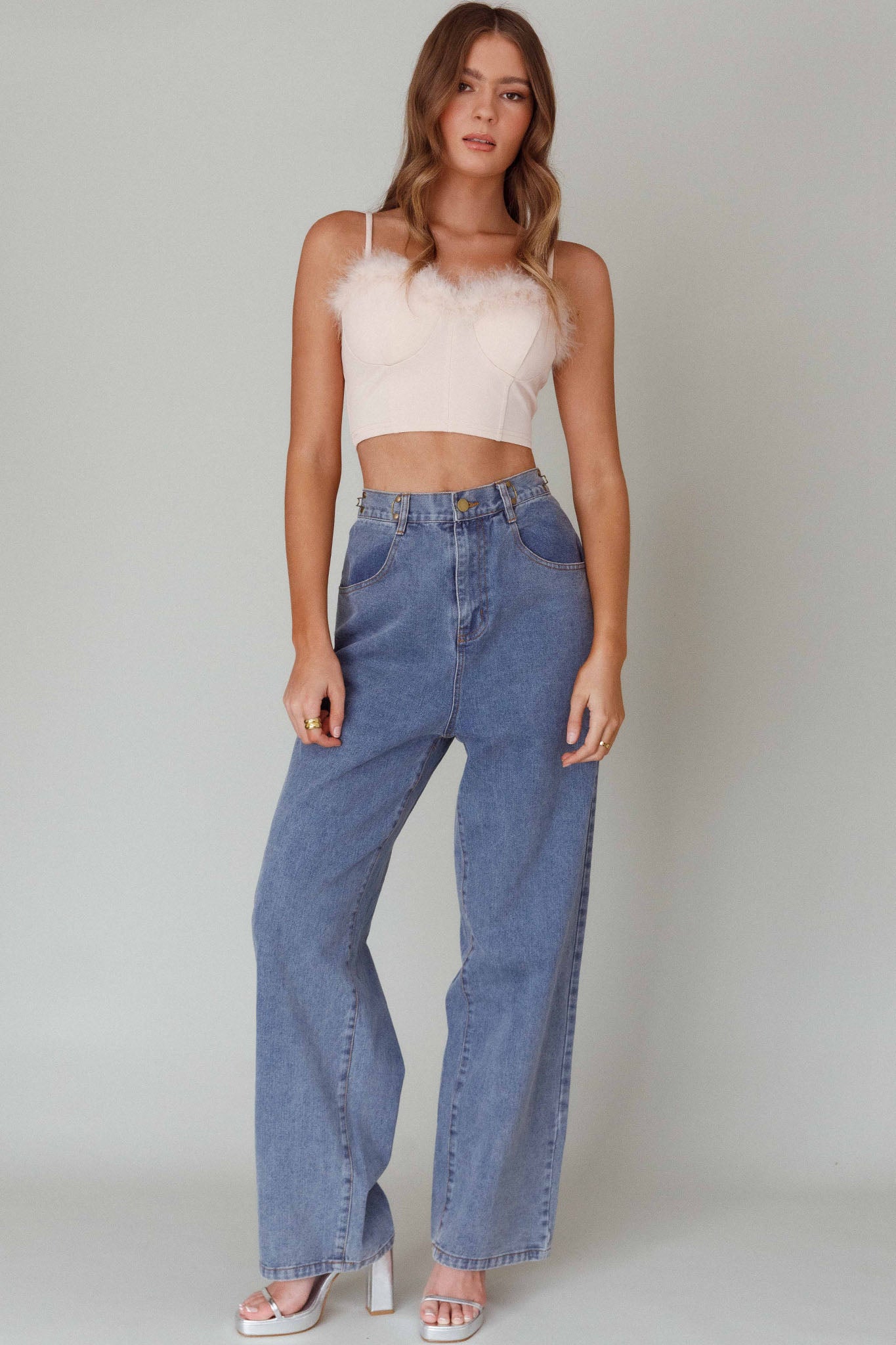 Jovi Feather-Trim Crop Top Nude