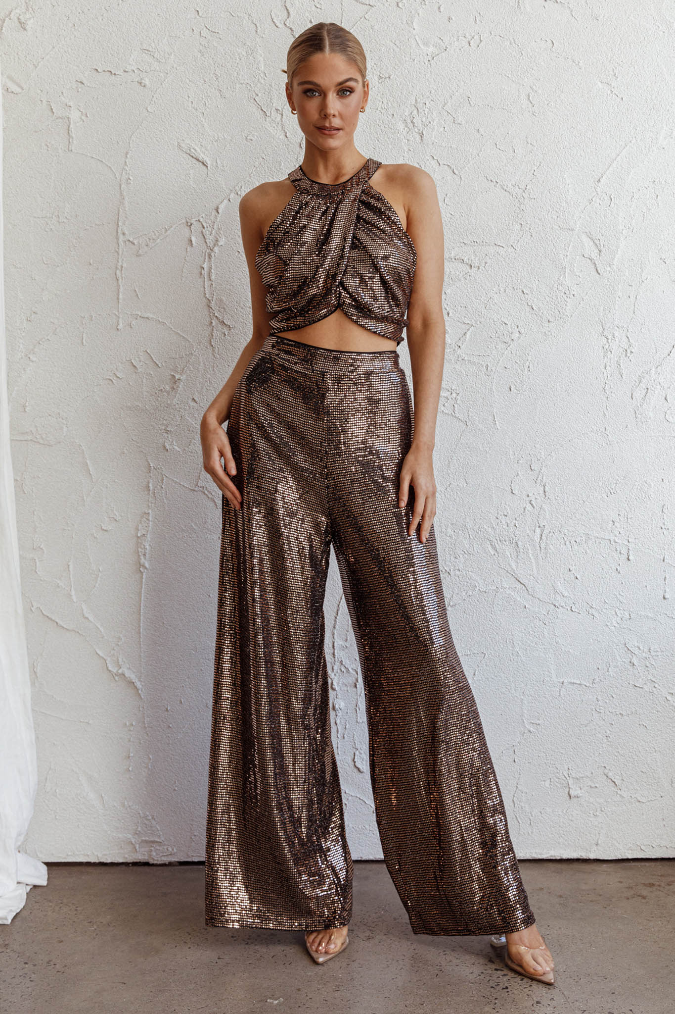 Anything Goes Draped Sequin Crop Top Gold