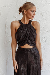 Anything Goes Draped Sequin Crop Top Black