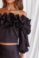 Midnight Mirage Puff Ruffle Crop Top Black