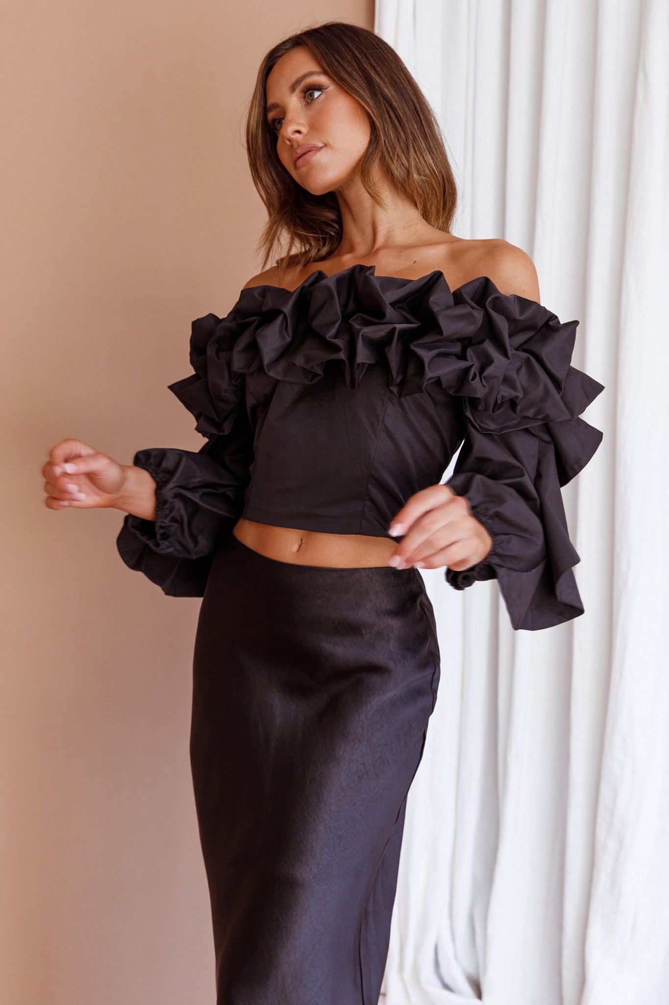 Midnight Mirage Puff Ruffle Crop Top Black