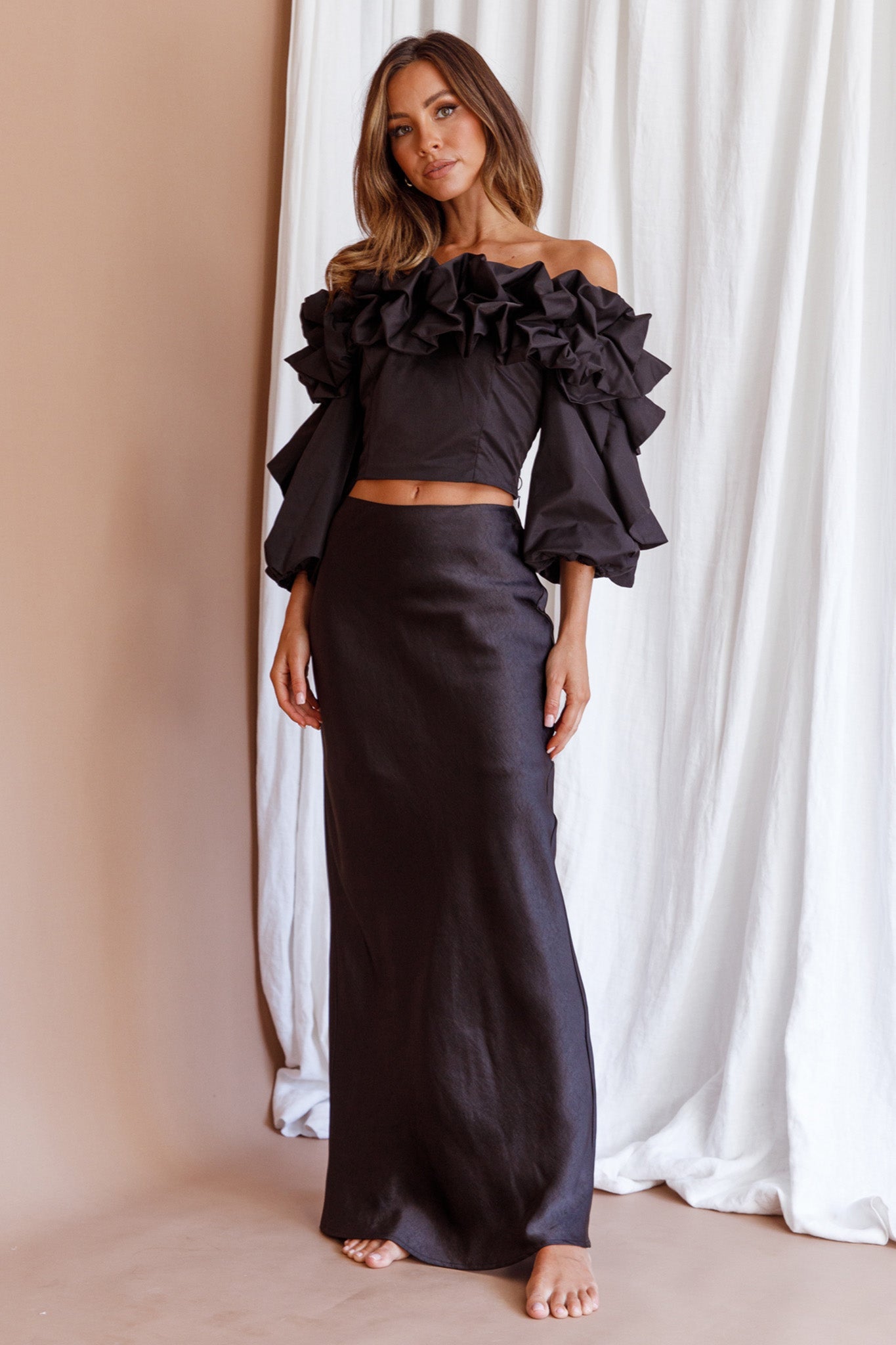 Midnight Mirage Puff Ruffle Crop Top Black