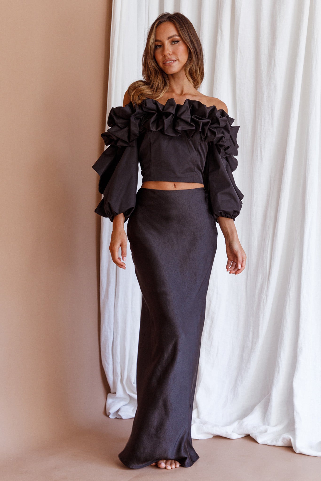 Midnight Mirage Puff Ruffle Crop Top Black