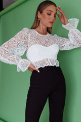 Jamie Long Balloon Sleeve Lace Crop Top White