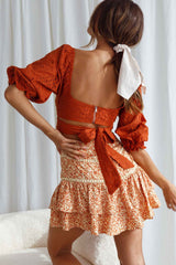 Aisha Puff Sleeve Tie Back Broderie Anglaise Crop Top Rust