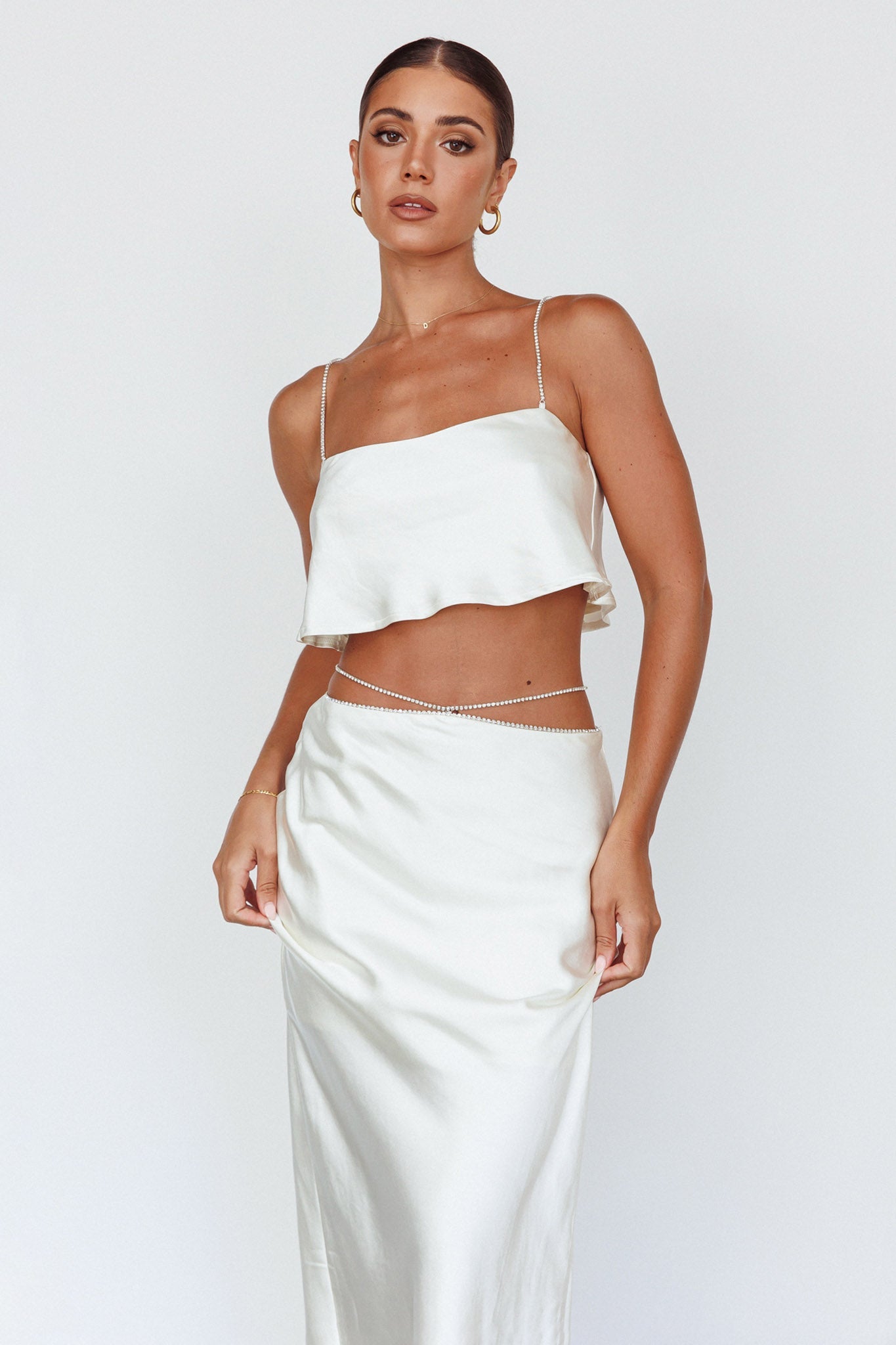 Tahni Diamante Strap Crop Top Oyster