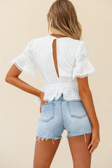 Summer Solstice Short Sleeve Lace Trim Top White