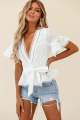 Summer Solstice Short Sleeve Lace Trim Top White