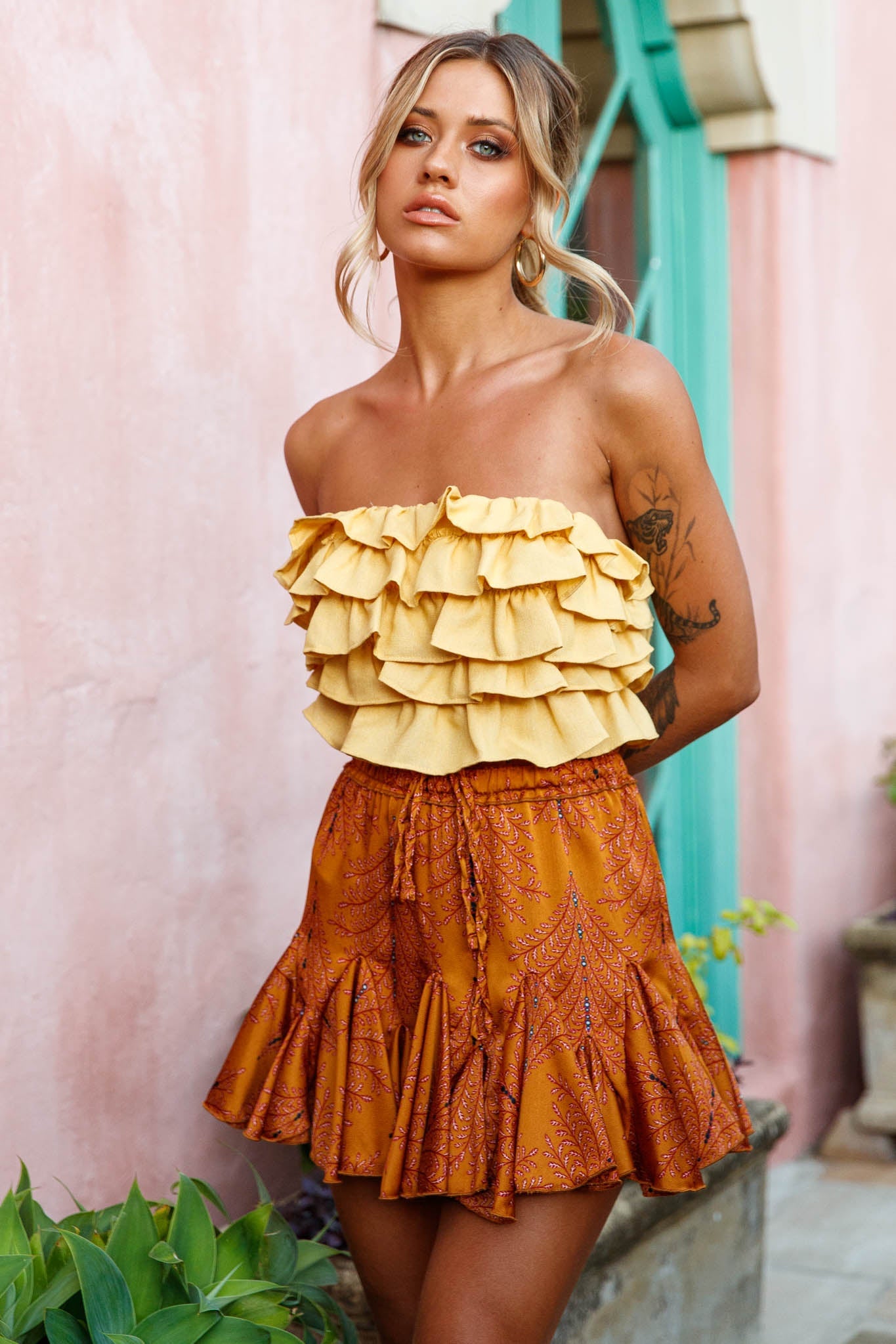 Talulah Layered Ruffle Lace-Up Back Crop Top Yellow