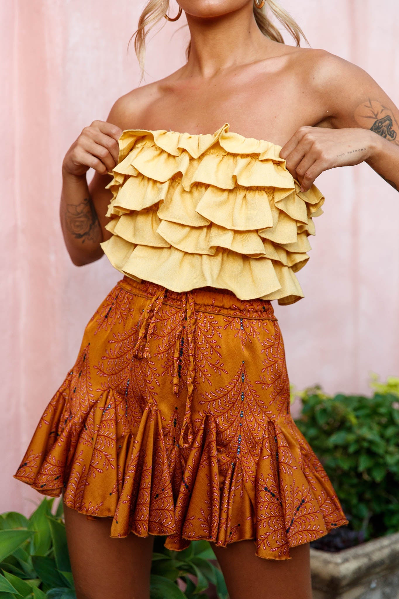 Talulah Layered Ruffle Lace-Up Back Crop Top Yellow