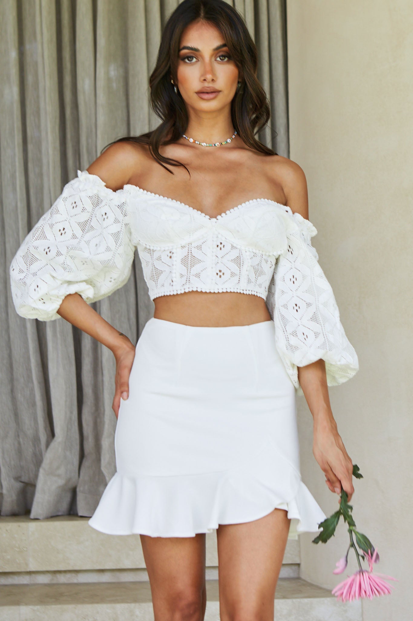 Talk About Me Puff Half Sleeve Circle Trim Crop Top White