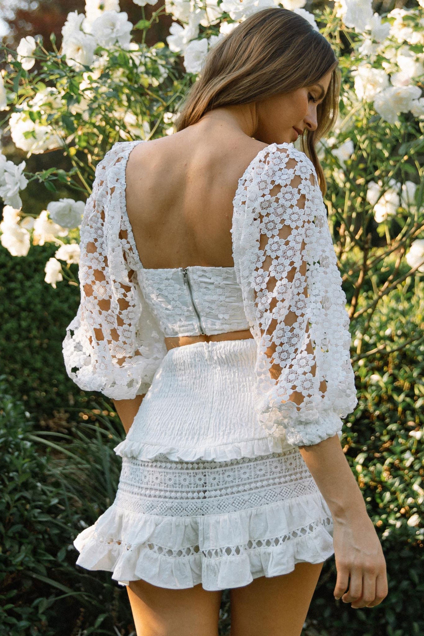 Summer Bloom Balloon Sleeve Lace Overlay Crop Top White