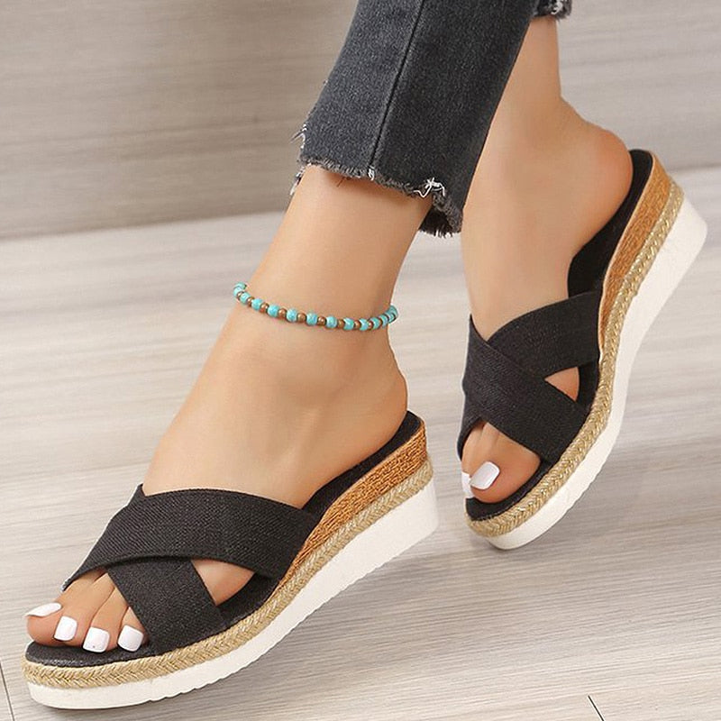 Wenkouban Women Sandals Wedges Heels Summer Shoes For Women Platform Sandalias Mujer Elegant Woman Heeled Shoes Slippers Summer Footwear