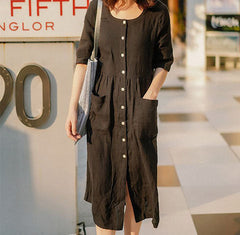 Black Shirts Linen Dress Buttons Midi Dresses CH90413